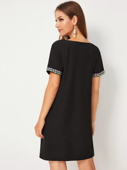 Black Tribal Tape Panel V-neck Dress