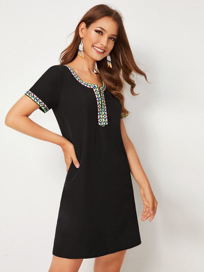 Black Tribal Tape Panel V-neck Dress