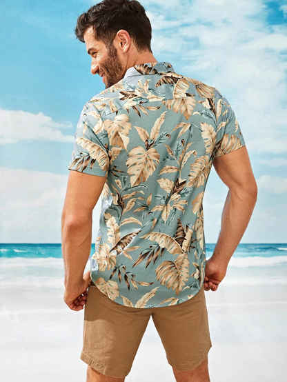 Button Front Tropical Print Hawaiian Shirt