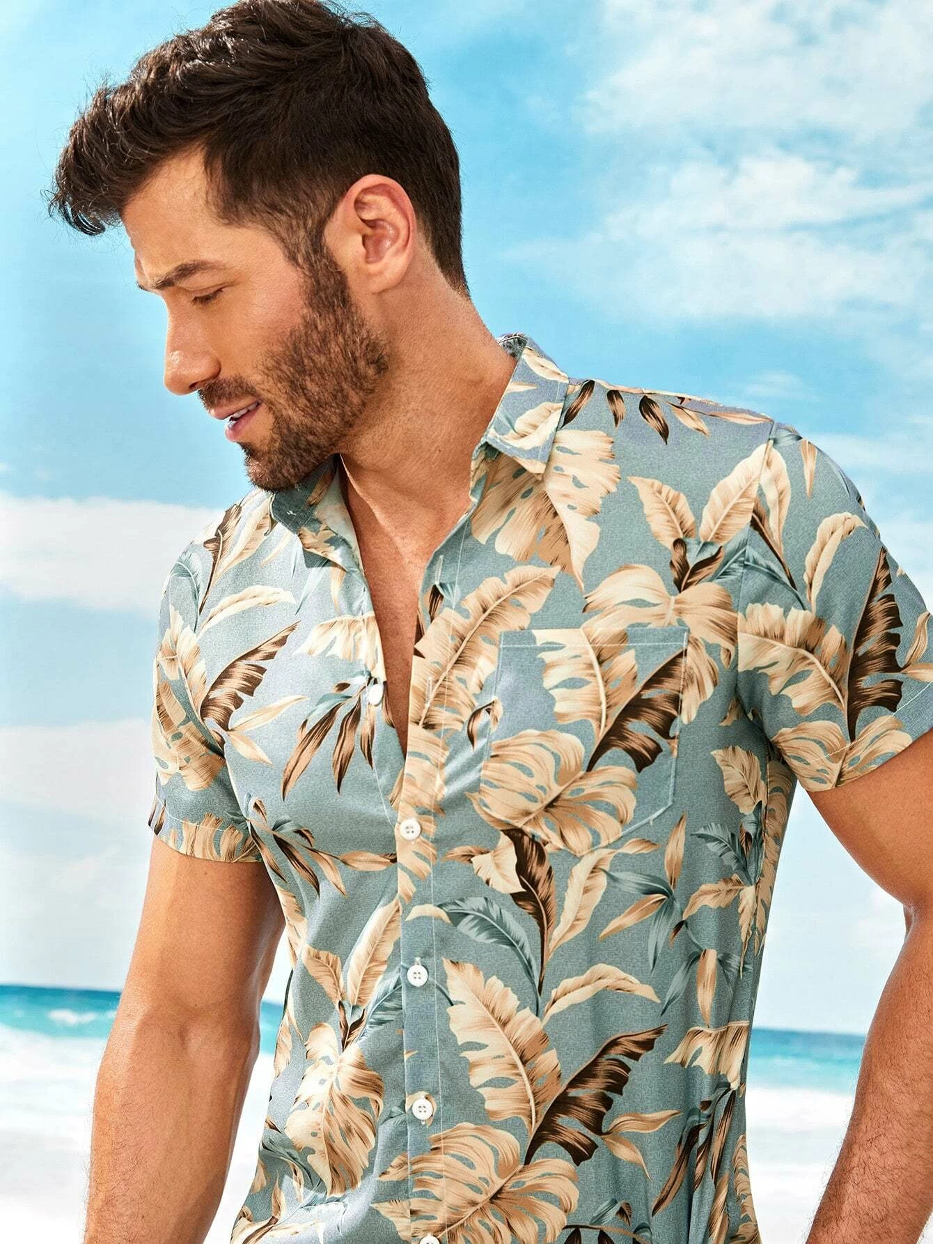 Button Front Tropical Print Hawaiian Shirt