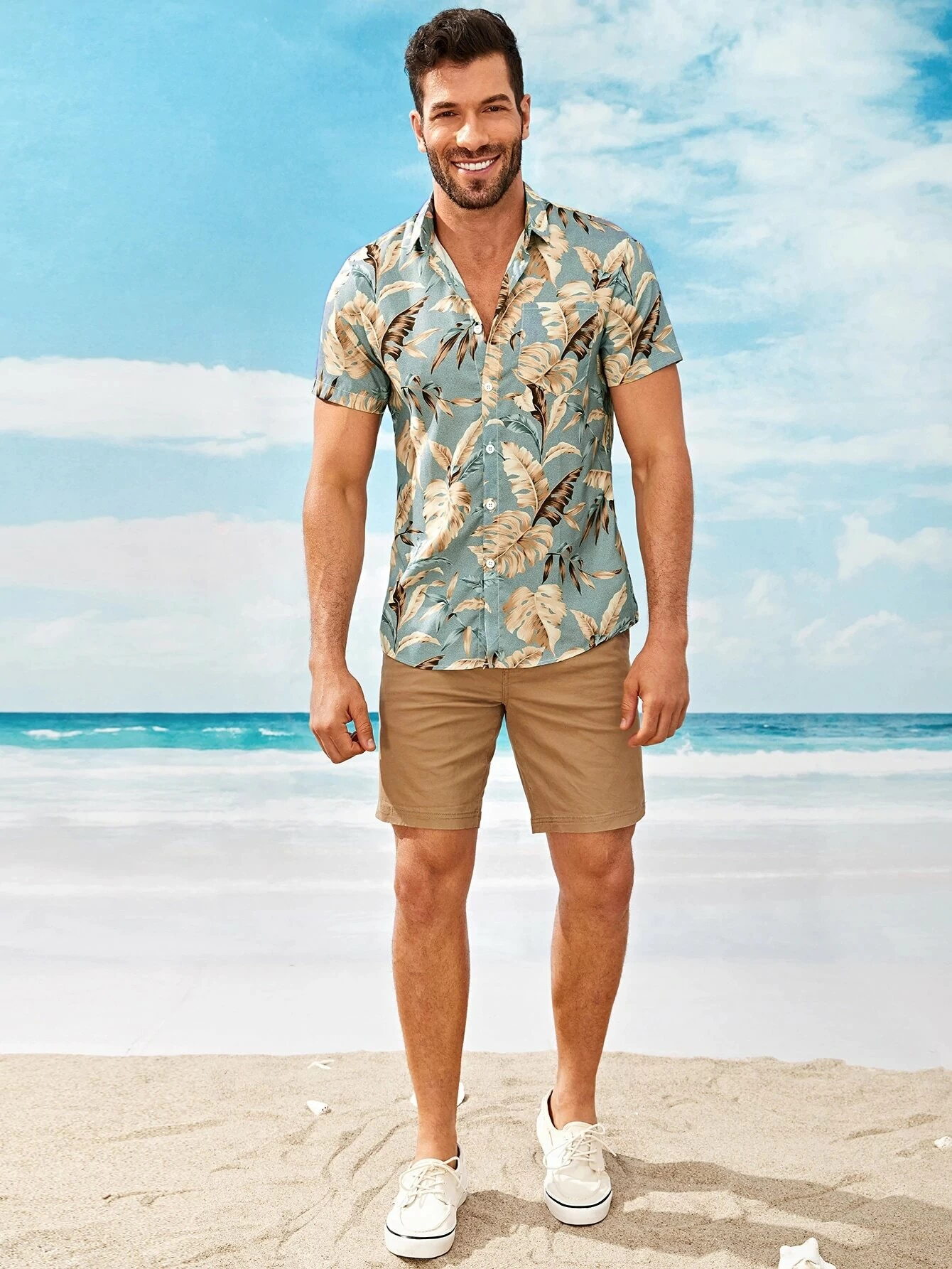 Button Front Tropical Print Hawaiian Shirt
