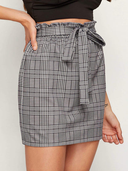 Grey Frilled Waist Glen Plaid Belted Mini Skirt