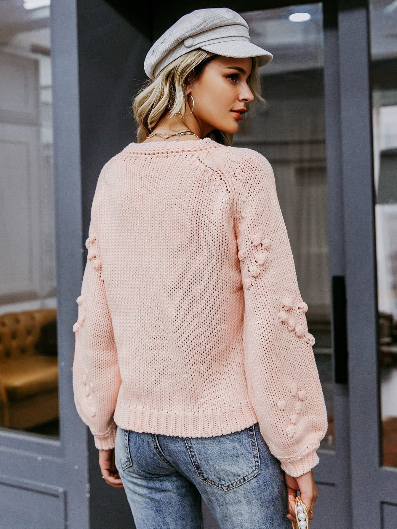 Pastel Pink Round Neck Solid Pompom Detail Sweater