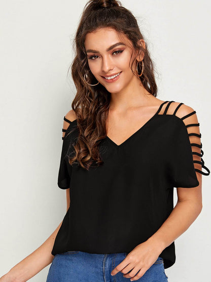 Black V-neck Laddering Cutout Shoulder Top