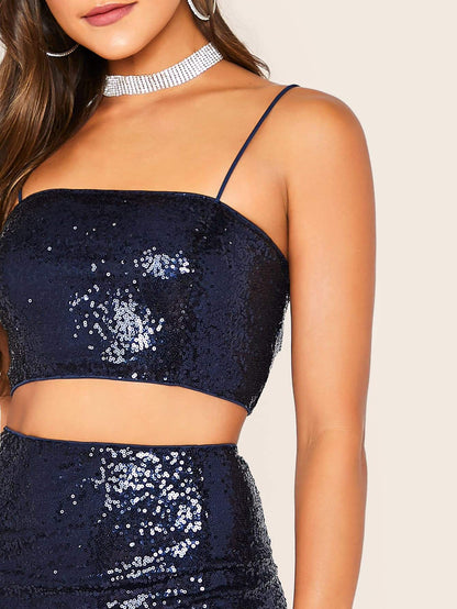 Navy Blue Sequin Spaghetti Strap Sleeveless Cami Top & Skirt Set