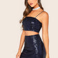Navy Blue Sequin Spaghetti Strap Sleeveless Cami Top & Skirt Set