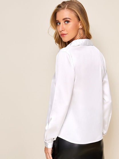 White Solid Button Front Satin Blouse Shirt