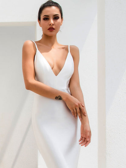 White Sleeveless Spaghetti Strap Ruched Detail Backless Floor Length Slip Dress