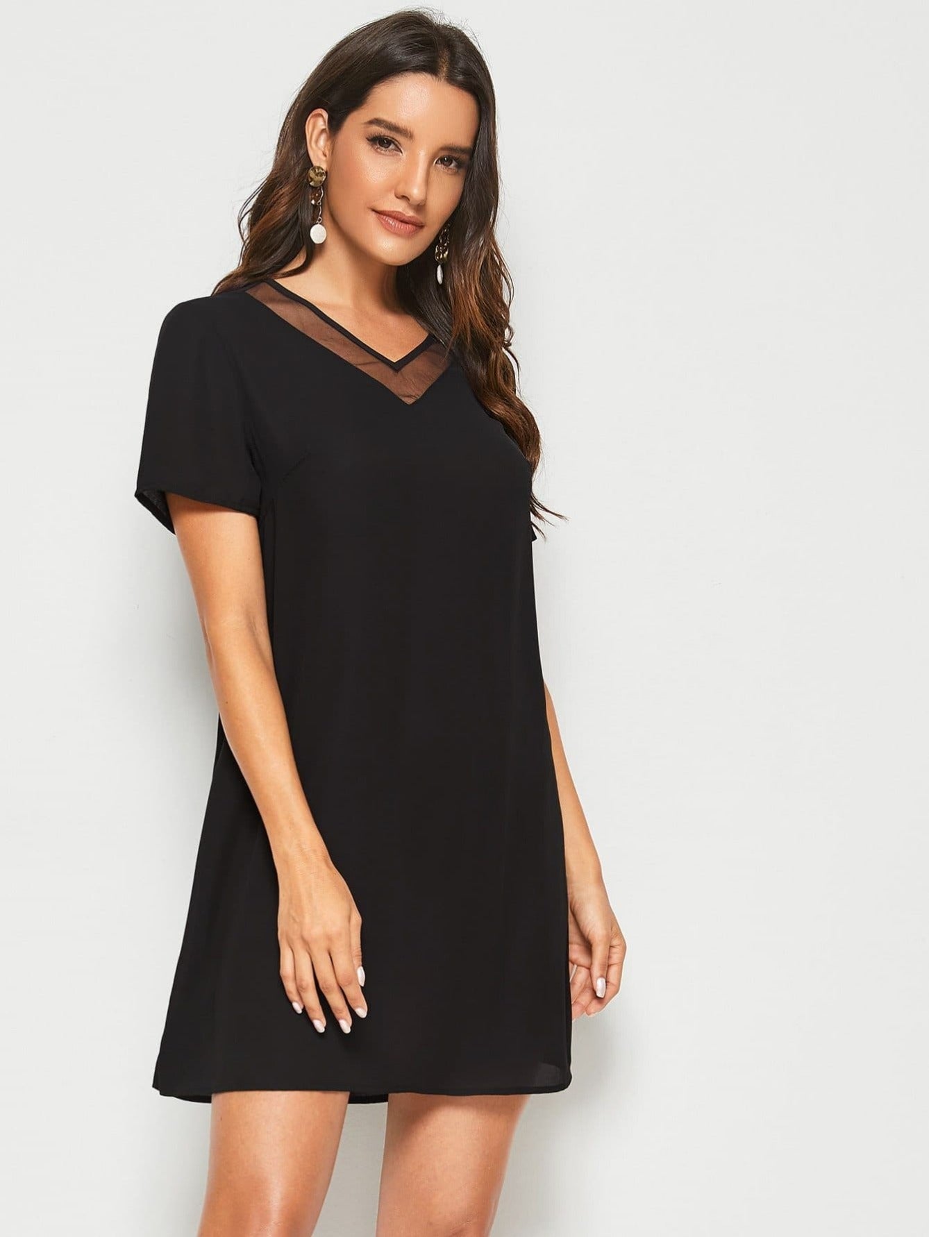 Black V-Neck Mesh Insert Solid Tunic Dress