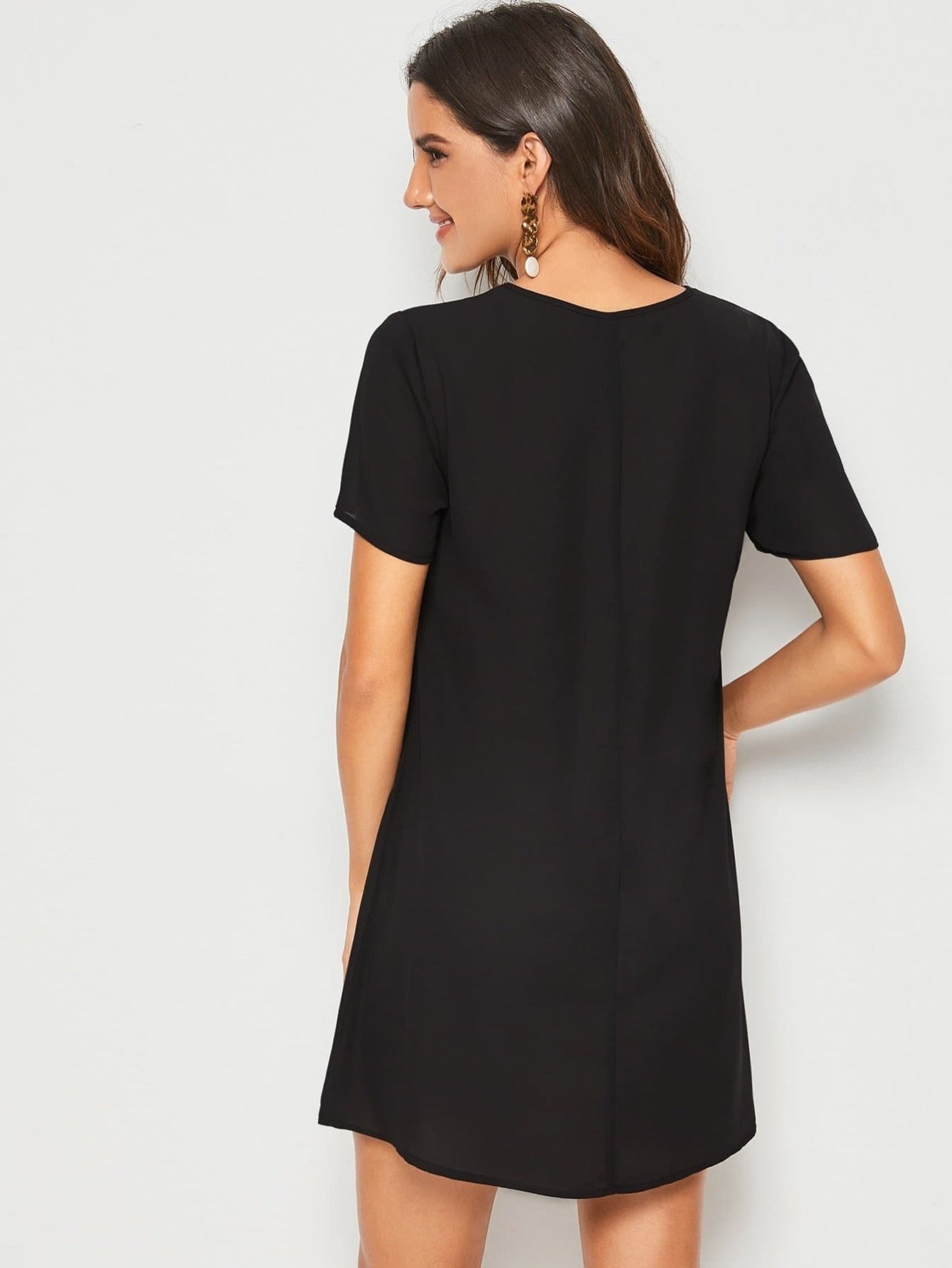 Black V-Neck Mesh Insert Solid Tunic Dress