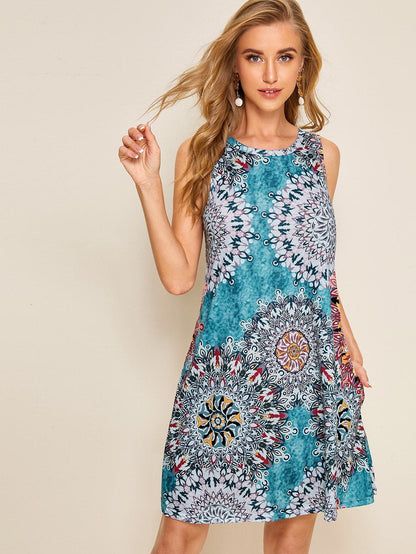 Round Neck Tribal Print Sleeveless Dress