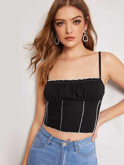 Slim Fit Spaghetti Strap Lettuce Frill Crop Skinny Cami Top