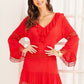 Red V-Neck Solid Ruffle Trim Lace Insert Dress