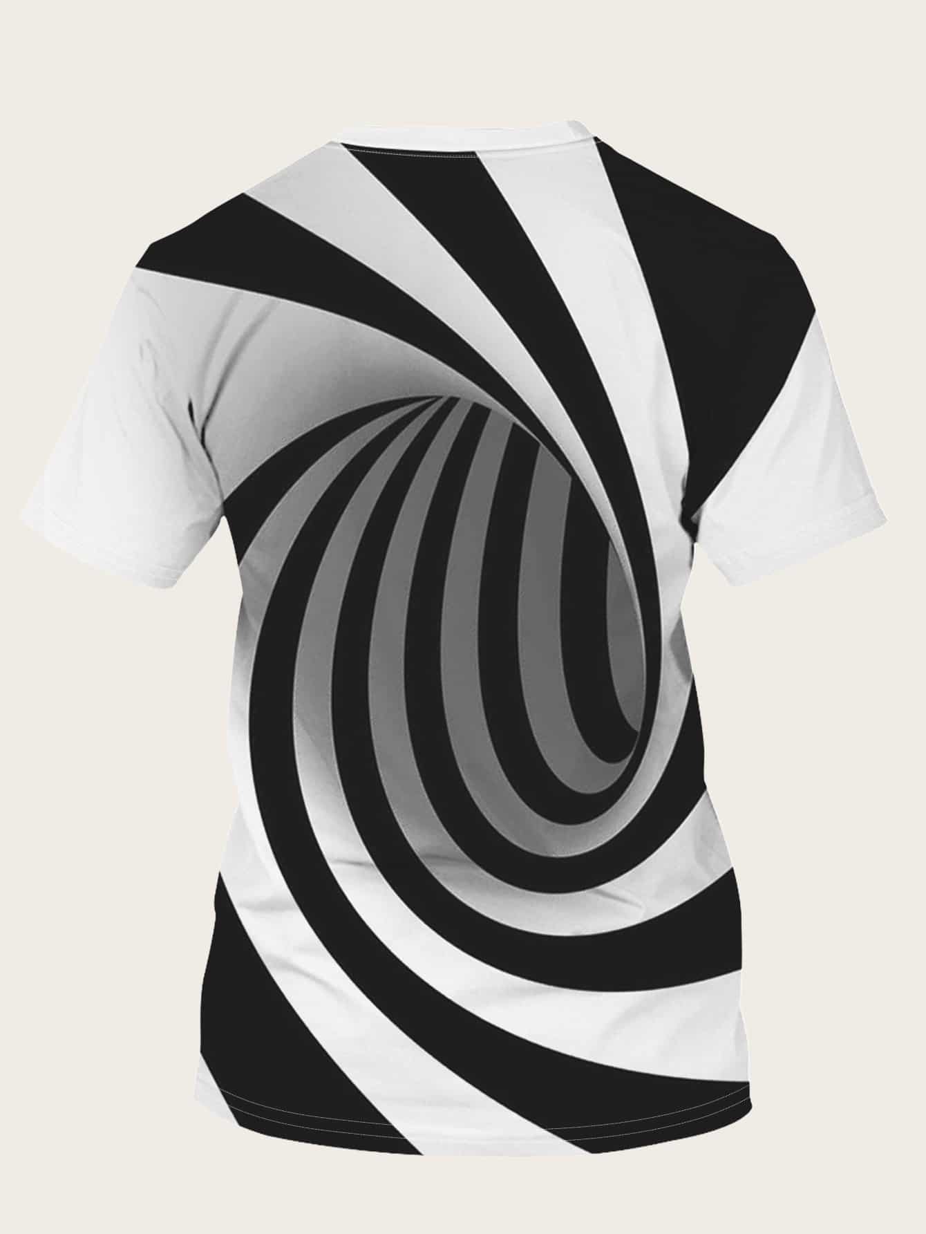 Black and White Round Neck 3D Spiral Print Tee