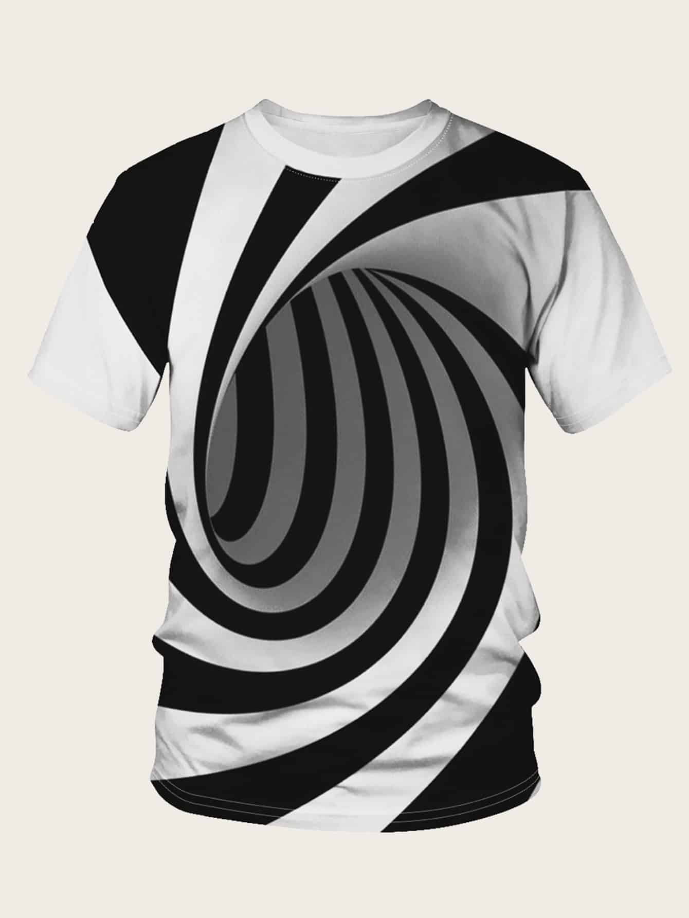 Black and White Round Neck 3D Spiral Print Tee