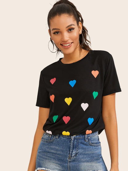 Black Round Neck Heart Print Tee T-Shirt