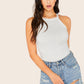Slim Fit Rib-Knit Solid Fitted Halter Top - White