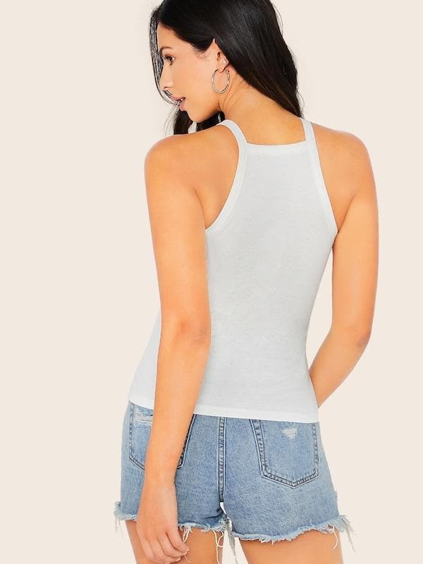 Slim Fit Rib-Knit Solid Fitted Halter Top - White