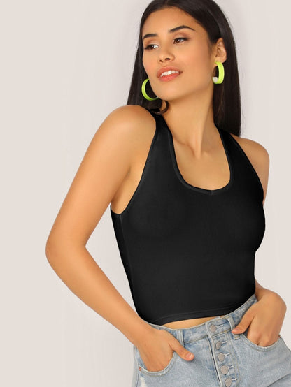 Scoop Neck Solid Fitted Tank Top - Black