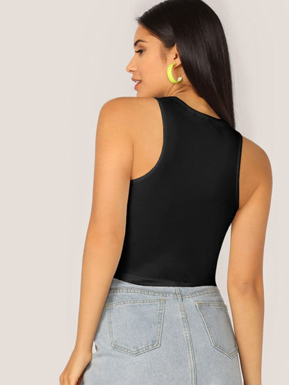 Scoop Neck Solid Fitted Tank Top - Black