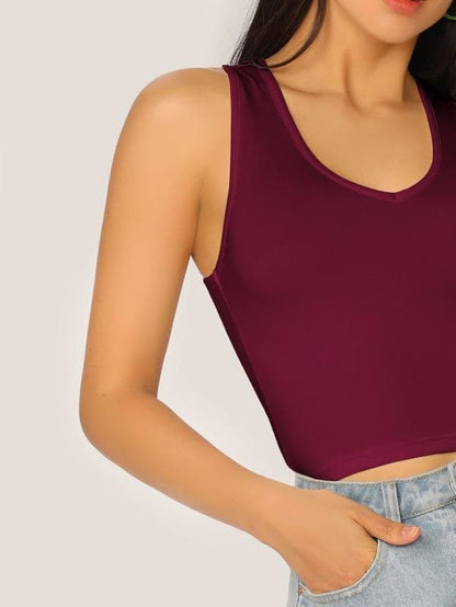 Scoop Neck Solid Fitted Tank Top - Burgundy
