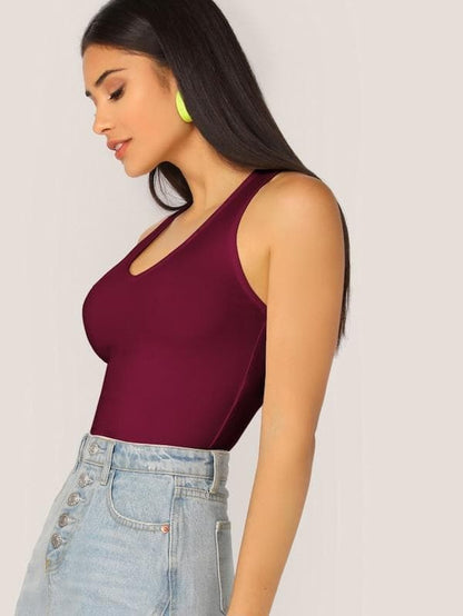 Scoop Neck Solid Fitted Tank Top - Burgundy