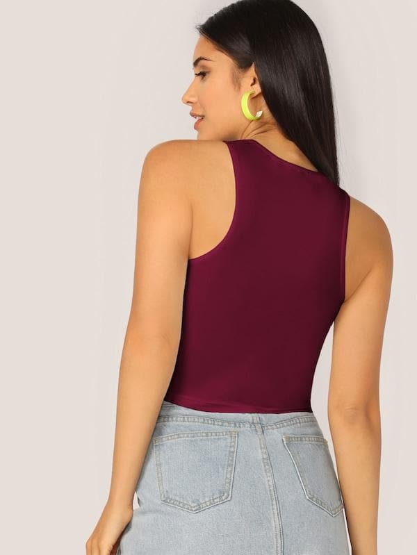 Scoop Neck Solid Fitted Tank Top - Burgundy
