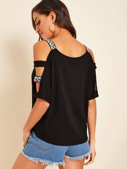 Batwing Cold Shoulder Tape Detail Top