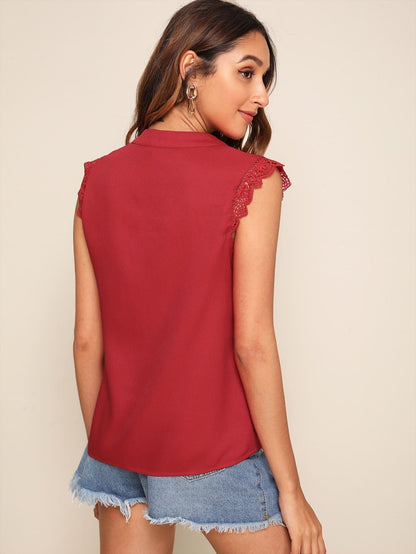 V-Neck Sleeveless Notch Neck Guipure Lace Trim Top