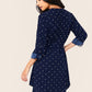 Blue Polka-dot Print Notched Belted Dress