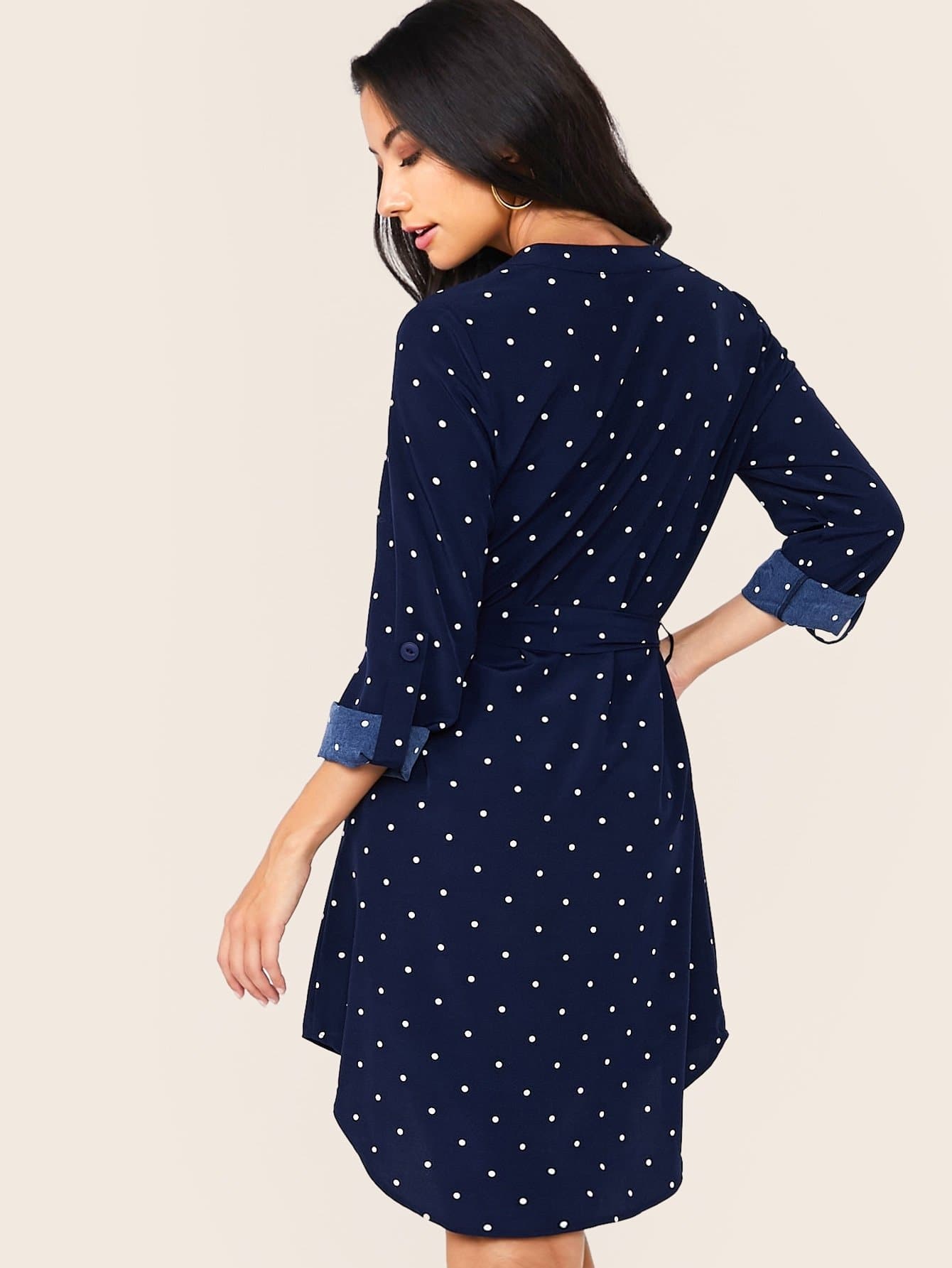 Blue Polka-dot Print Notched Belted Dress