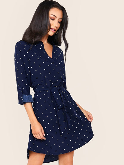 Blue Polka-dot Print Notched Belted Dress