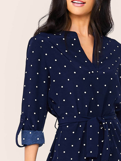 Blue Polka-dot Print Notched Belted Dress