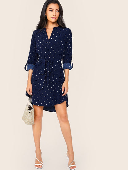 Blue Polka-dot Print Notched Belted Dress