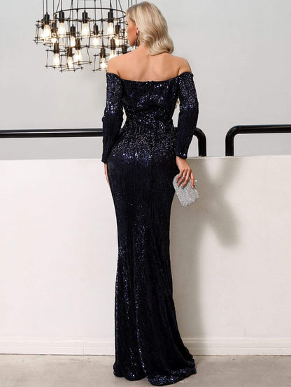 Navy Blue V Bar Off Shoulder Sequin Maxi Dress