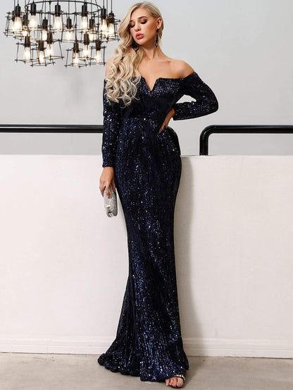 Navy Blue V Bar Off Shoulder Sequin Maxi Dress