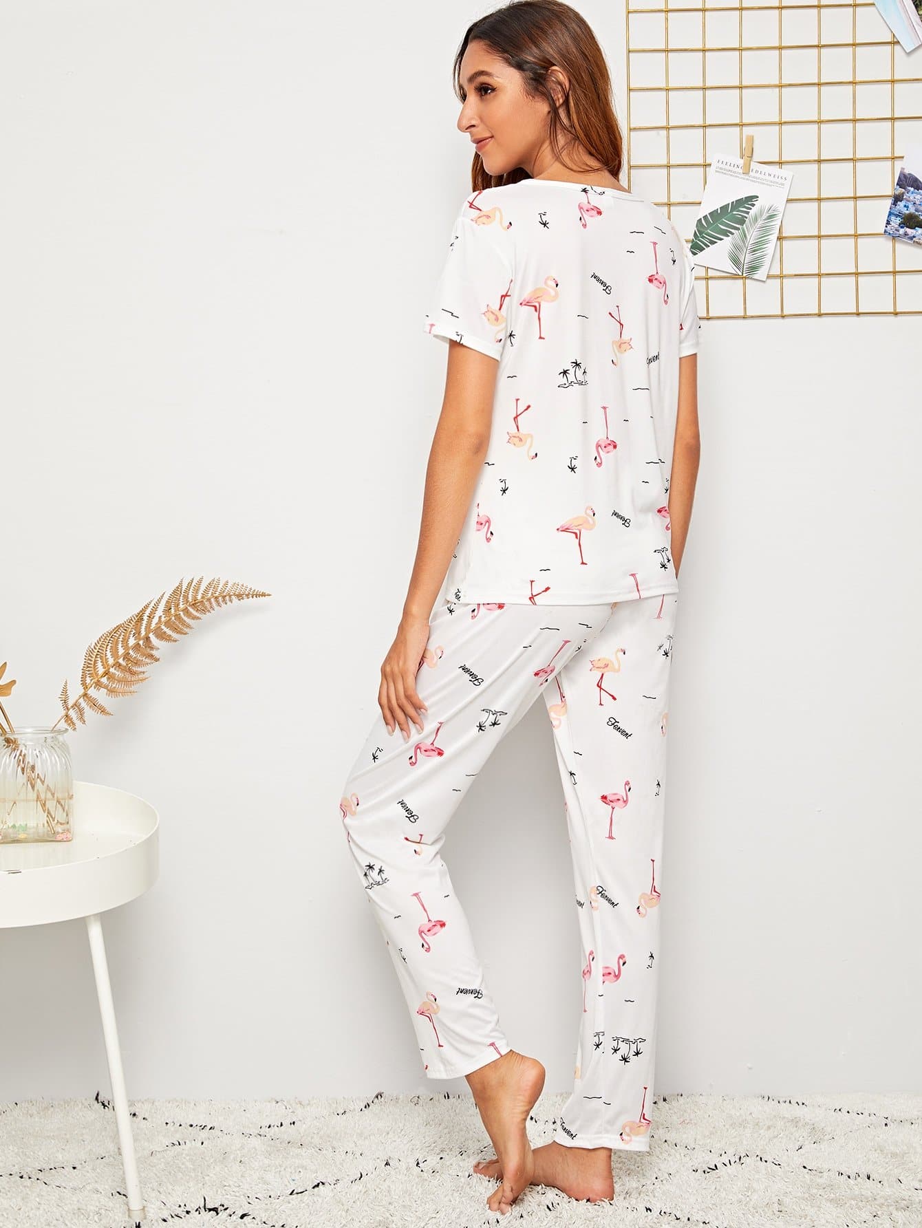 White Short Sleeve Flamingo Print Round Neck Sleepwear Set With Eye Cover