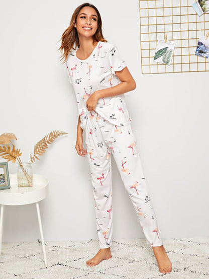 White Short Sleeve Flamingo Print Round Neck Sleepwear Set With Eye Cover