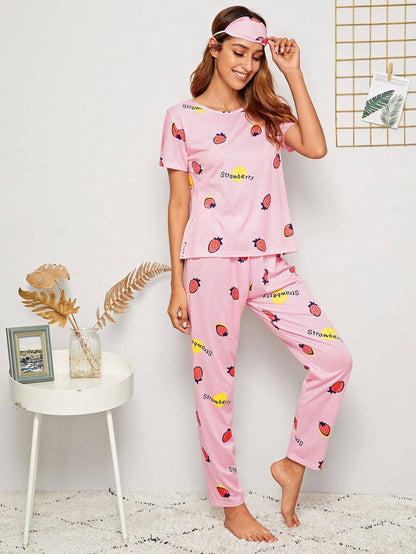Pink Round Neck Strawberry Print Striped Pyjama Sleepwear Set With Eye Cover