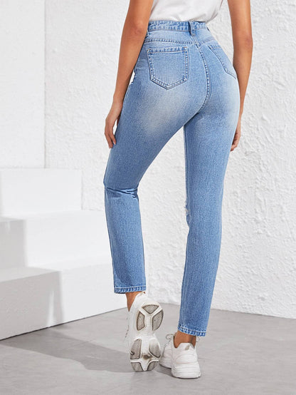 Blue Slogan Print Raw Hem Ripped Tapered Jeans