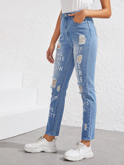 Blue Slogan Print Raw Hem Ripped Tapered Jeans