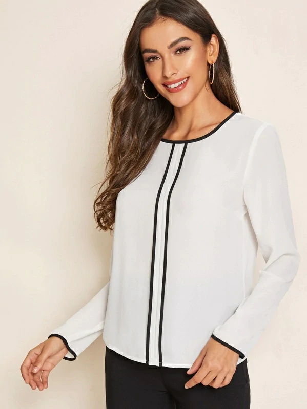Round Neck Keyhole Back Contrast Binding Top