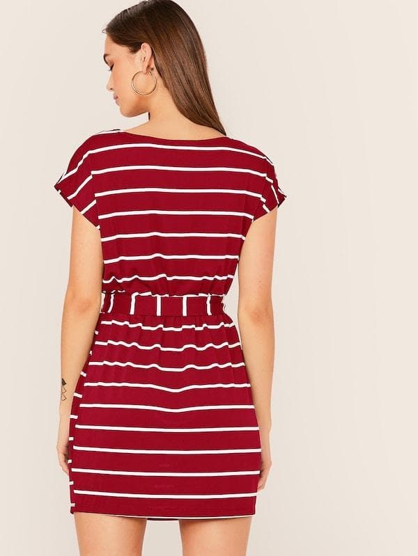 Boat Neck Batwing Sleeve Self Belted Striped Dress