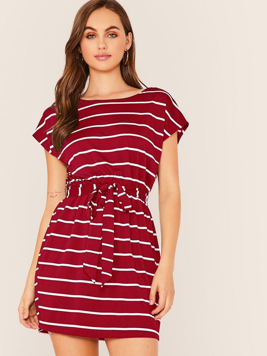 Boat Neck Batwing Sleeve Self Belted Striped Dress