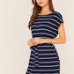 Boat Neck Batwing Sleeve Self Belted Striped Dress