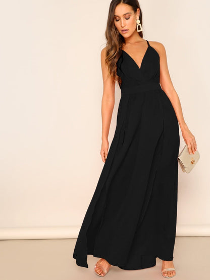 Spaghetti Strap Surplice Neck Crisscross Back Split Thigh Dress