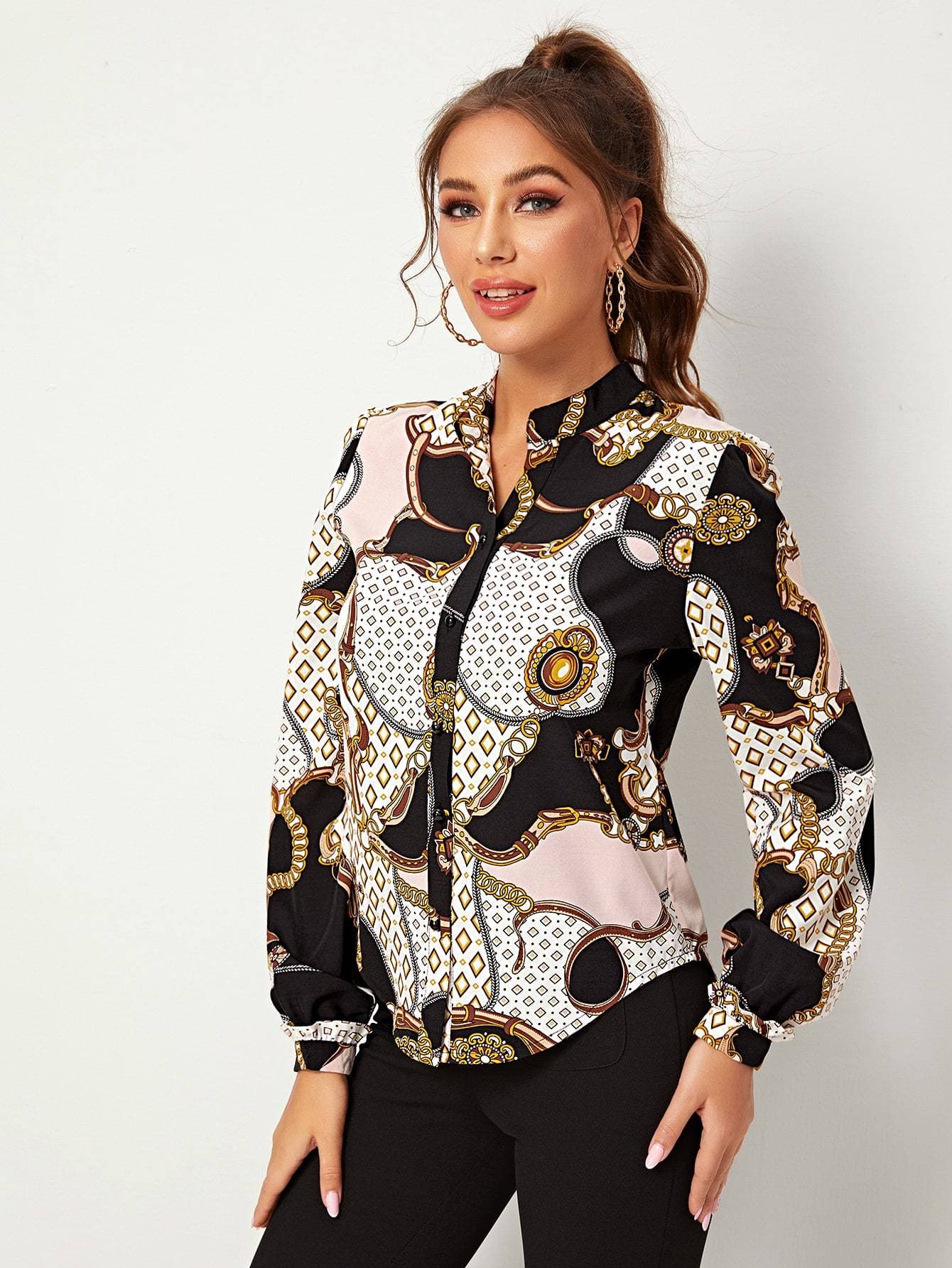Stand Collar Scarf Print Button Front Blouse Top