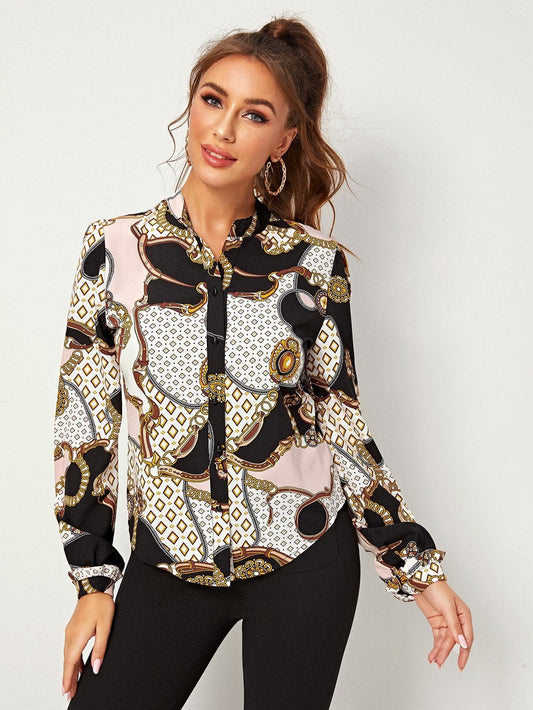 Stand Collar Scarf Print Button Front Blouse Top