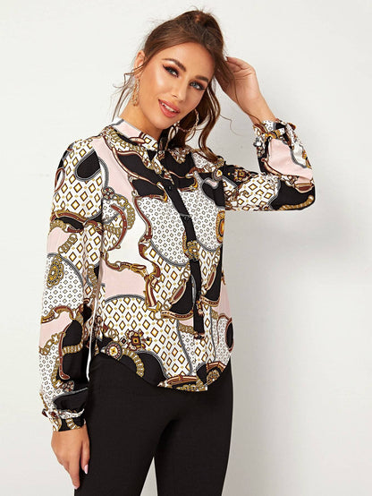 Stand Collar Scarf Print Button Front Blouse Top