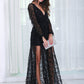 Black Split Thigh Plunge Neck High Waist Sequin Mesh Dress